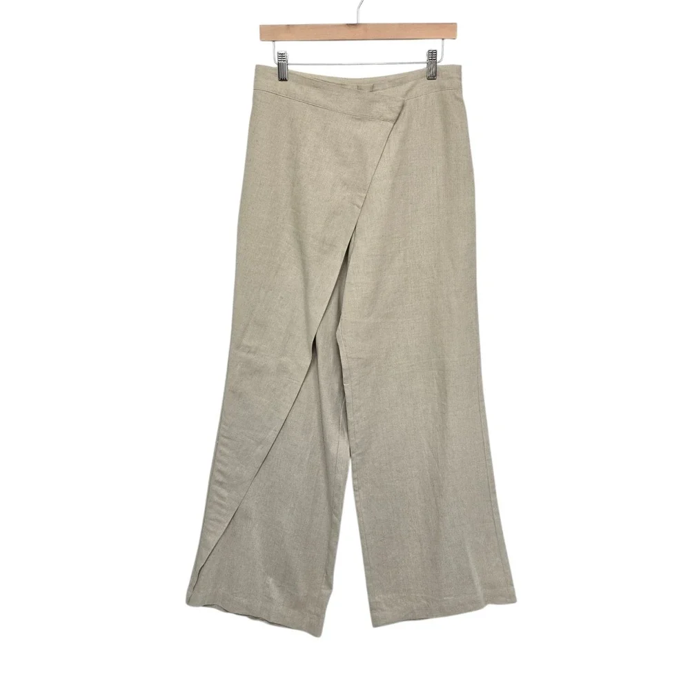 Zara Womens Beige Linen Blend High Rise Wide Leg Wrap Front Trousers Size Small